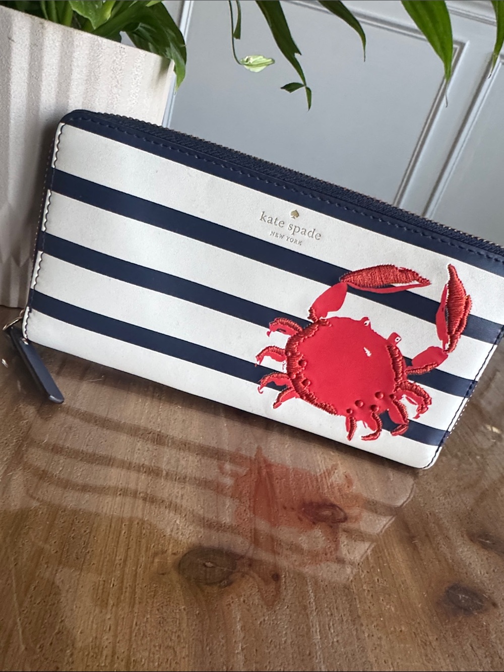 kate spade Navy and White Striped Wallet with Red Crab